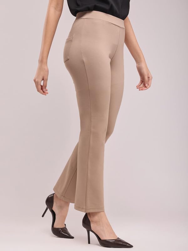 Image of FableStreet Women's Bootcut Stretch Livin Trousers | Nylon Rayon with Mid-Rise Waist | Solid Pattern & Plain Weave Fabric | Office Wear & Business Meetings