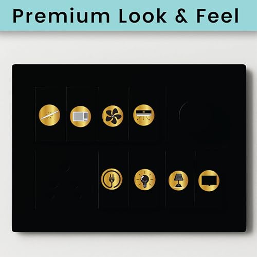 Image of Gold Black Metallic Colour Switch Board Stickers for Home | 330 Labels with 22 Icons for Fan Light AC Fridge | Elegant Electric Switch Stickers for Button Labeling | Modular Switch Panels