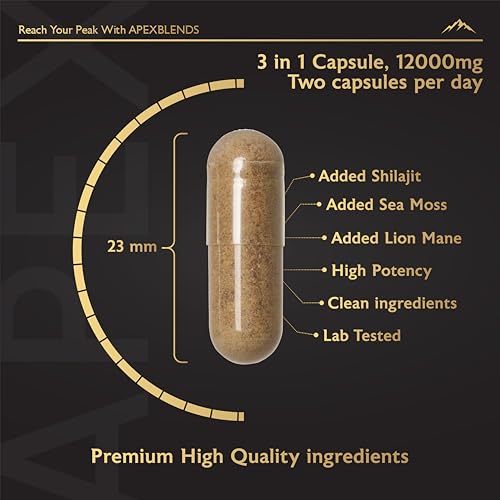 3-in-1 Shilajit, Seamoss and Lions Mane Capsules - High Strength 12000mg Lion's Mane Shilajit and Irish Sea Moss | Fulvic Acid, Organic Sea Moss | Supplements for Men and Women | 90 Vegan Capsules - Image 3