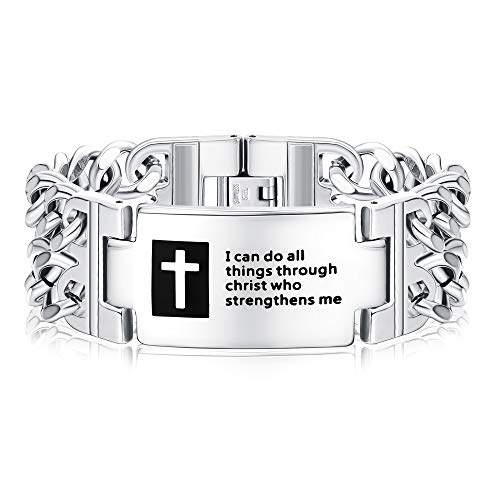 FIBO STEEL Mens Link Chain Bracelet Stainless Steel Wristband Inspirational ID Cross Bracelets for Men 23MM Wide 8.0