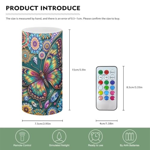 Image of Poceacles LED Flameless Candles Battery Operated Candles with Remote Control Timer Flickering Wick Pillar Tealight for Home Outdoor Decor, Boho Floral Butterfly Blue