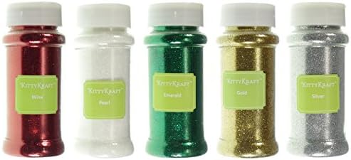 KittyKraft 5 Piece Extra Fine Glitter Set (Holiday Collection)- Includes Red, White, Green, Gold, and Silver Glitter - Perfect for Christmas and Holiday Crafts
