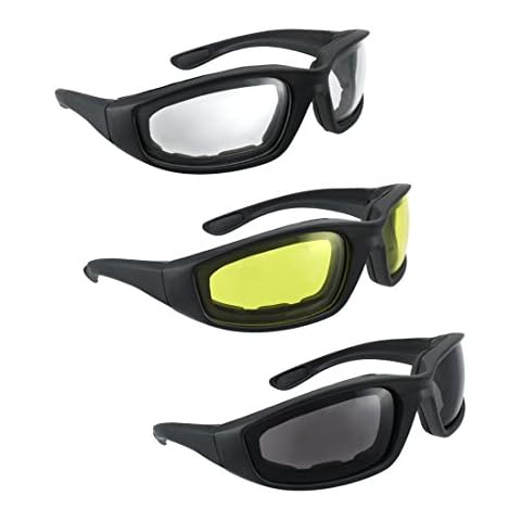 LuckyStone 3 Pair UV Protection Motorcycle Riding Glasses Padding Goggles Bicycle Sunglasses - Smoke Clear Yellow Cover