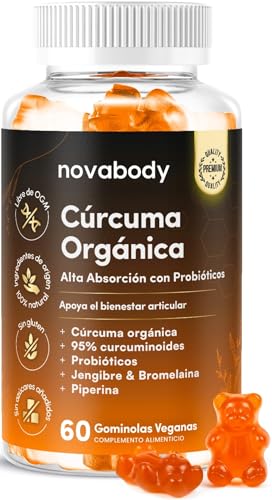 Cúrcuma Gominolas Sin Azúcar – Fórmula Completa con Probióticos, Jengibre y Pimienta Negra | 100% Natural, Veganas y Sin Gluten | 60 Gummies Novabody