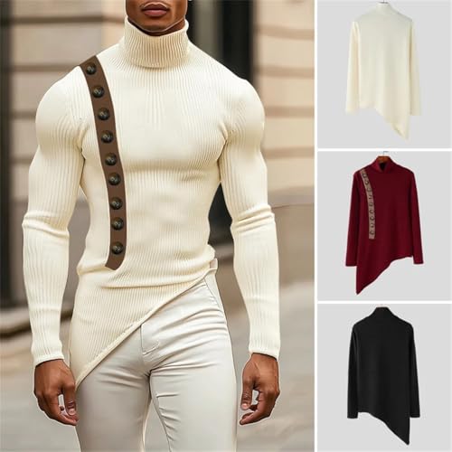 Men's High Neck Button Design Irregular Hem Knitted Sweater Color Blocked Casual Slim Fit Pullover Sweater2