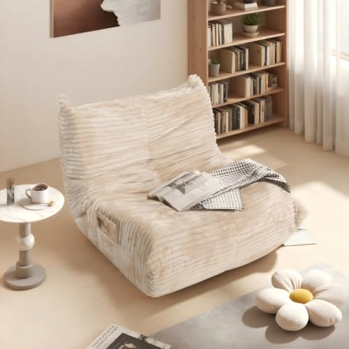 YU YUSING Pouf Salon en Flanelle XXL avec Poche de Rangement, Fauteuil de Lecture Paresseux avec Dossier, Gros Pouf Poire pour Adultes, Petit Canapé, Mousse Confortable Haute Densité, Chambre, Beige