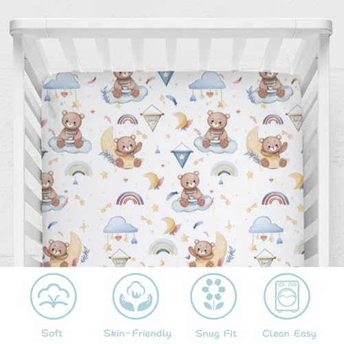 Image of Cartoon Cute Bear Baby Crib Mattress Sheet 52''x28'' Bear Rainbow Moon Stars Clouds Leaf Snug Fitted Crib Mattress Cover for Boy Girl Soft Nursery Standard Crib Toddler Mattress Pad Cover Blue