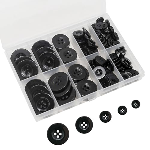 Lilaly 4-Hole Black Sewing Buttons, 100 Pcs, 5 Sizes