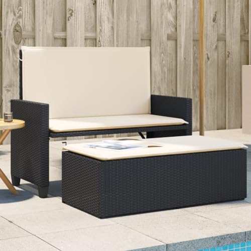IBUQDDV Panchina da giardino con cuscino e sgabello, colore nero, in polyrattan, 2 in 1, divano letto in polietilene, per esterni