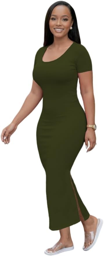 Womens Bodycon Maxi Dress Casual U-Neck Short Sleeves Side Split Plain Solid Sexy Sundress Long Summer Dresses - Image 3