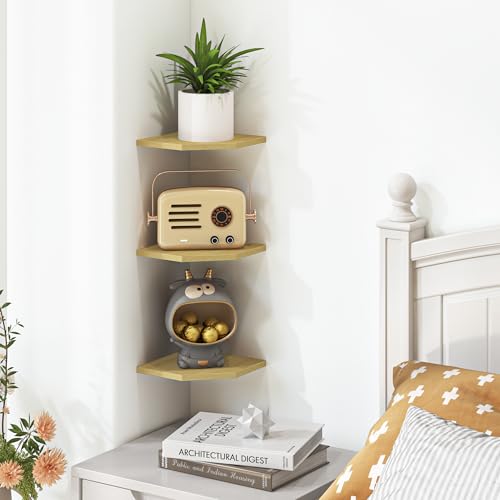 Image of Corner Shelf Wall Mount, Floating Corner Shelves, Set of 3 Corner Wall Shelf Organizer, Rustic Wood Wall Storage Display Shelves for Living Room Bedroom Bathroom Kitchen, Rustic Brown, Oak