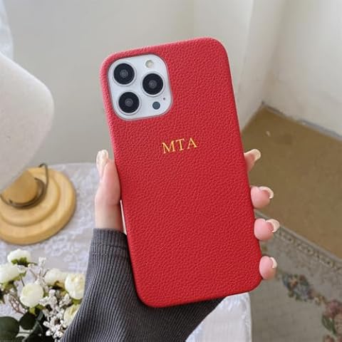 ZIPULIS Personalise Gold Silver Initial Letters Pebble Leather Case for iPhone 15 14 Promax 13 Pro Xs Max 12 11 XR 7 8 Plus Luxury Lizard Skin Texture PU Cover (Red) Cover