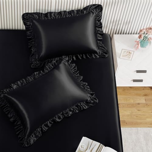 Image of Homiest Black Twin Ruffle Pillowcase & Satin Fitted Sheet Set 2Pcs | Silky Satin Protects Hair And Skin, 15-Inch Deep Pocket, Pearlescent Sleek Dramatic Shine, Easy Machine Wash Care
