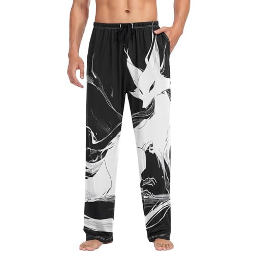 Men's Pajama Pants Fox Black White Print Lounge Pants with Pocket Drawstring S3