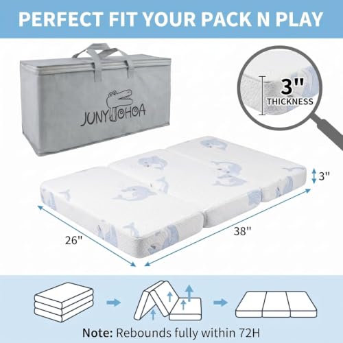 Image of 38 inch x 26 inch Dual-Sided Memory Foam Tri-Fold Pack and Play Mattress - Breathable, Removable Cover & Carry Bag Included