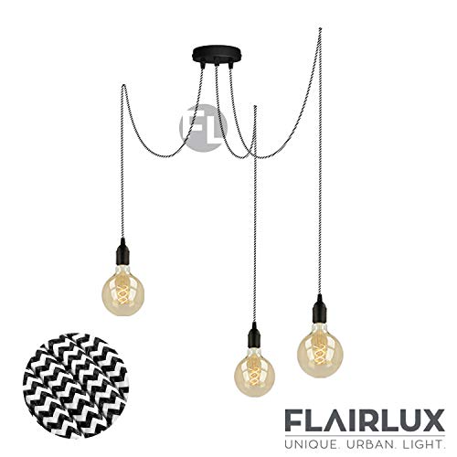 Preisvergleich Produktbild Flairlux Pendelleuchte 3 flammig schwarz höhenverstellbare DIY Hängeleuchte für Affenschaukel mit 3x3 Metern Textilkabel in schwarz weiß FL22