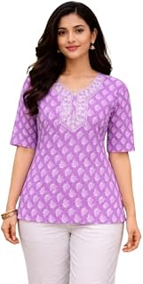 Women Lavender Printed Cotton Blend Short Kurti – Straight Fit Ethnic Top with Floral Design, Round Neck & 3/4 Sleeves for... Price In India