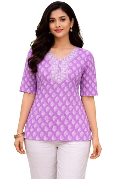 Women Lavender Printed Cotton Blend Short Kurti – Straight Fit Ethnic Top with Floral Design, Round Neck & 3/4 Sleeves for... - Review, Price and Buying Guide