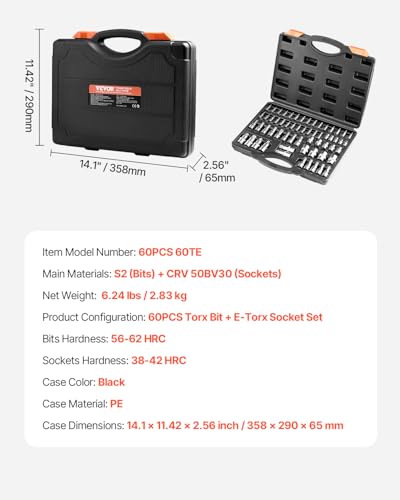 Image of VEVOR Torx Bit Socket and External Torx Socket Set, 60-Piece T6-T70, TT6-TT70, TP8-TP60, E4-E24, S2 Alloy Steel and Cr-V Steel, 1 /4 in, 3 /8 in, and 1 /2 in Drives, with Enhanced Storage Case, Hand Use