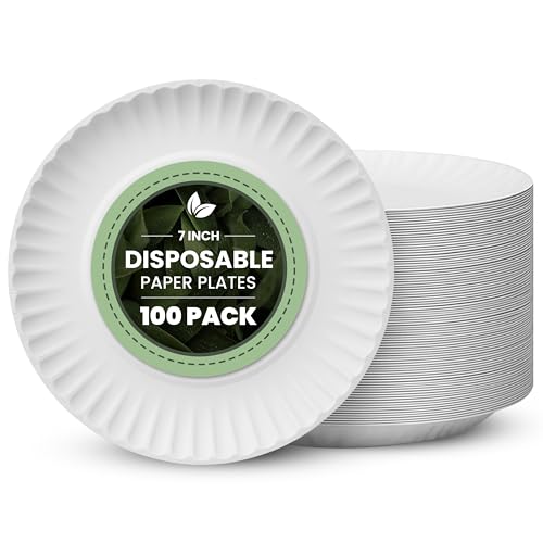 Vivo Technologies 100-Pack of 7-inch Disposable Paper Plates 18cm White 100% Compostable Biodegradable Party Paper Plate Perfect for Everyday use Ideal for BBQs Parties and Events