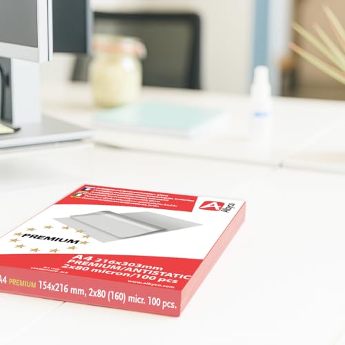 Albyco PREMIUM, Antistatische Laminierfolien, Laminiertaschen - Format A4, 216x303 mm - Dicke 2x80 (160) Mikron - Glänzend - 100 Stück - Transparent