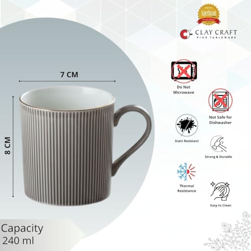 Image of Clay Craft Premium Fine Ceramic Coffee & Tea Mug Set with Elegant Gold Line Rim| Modern Ribbed Grey Finish| Durable Build| Stylish Design for Home| Office & Gifting (240 Ml)