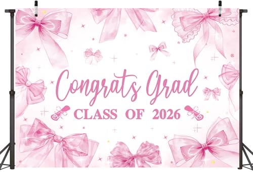 Pink Bow Graduation Banner Backdrop 7x5FT Pink Bow Congrats Grad Class of 2026 Background Bowknot Graduation Decorations for Girls Nurses Party Photo Props