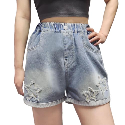 Curipeer Girls Embroidered Star Printed Denim Shorts High Waistband Jeans with Pockets Blue 11-12T — view 2