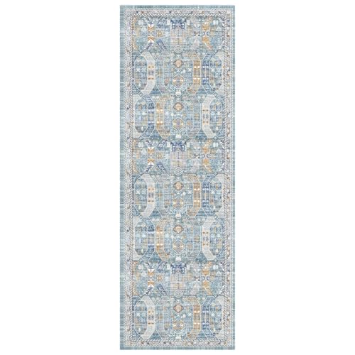 Madane Washable Runner Rug - 2x6 Rug Runners for Hallways 6 Feet Non Slip Vintage Kitchen Runner Rug Ultra-Thin Bathroom Runner Rugs Carpet Laundry Room Bedroom (2x6ft, Blue/Gold)