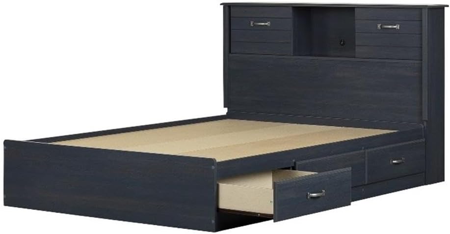 Pemberly Row Storage Bed and Bookcase Headboard Set, Full Size, Blueberry Finish, 3-Drawer Bed Frame with Metal Sliders, Sliding Panel Headboard, Maximum Storage for Kids' Bedroom Furniture