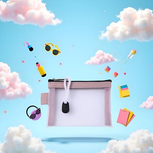 Jowxsx Pink Mesh Storage Bags Casual Travel Mini Zipper Pouch Small Wallet Bags Nylon ID Credit Card Holder Mesh Cosmetic Bag Transparent File Bag4