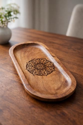 Image of Wooden Jewelry Tray, Oval Shape, L x B x H = 10 x 5 x 0.5 Inch Floral Design, Natural Wood Finish, Organizer for Rings, Necklaces, Earrings And Snacks Serving (Round Engraved 2)