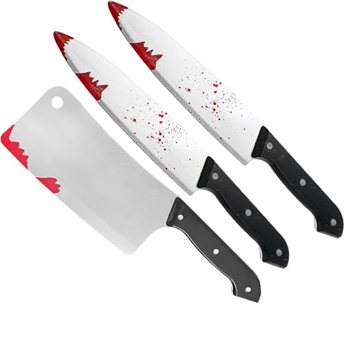 3 pcs Halloween Fake Knife Fake Blood Prop Set Realistic Kitchen Knives With Bloody Splatter, Scary Accessories for Haunted House, Cosplay, Pranks, Party Decorations, Zombie, and Horror scream Theme