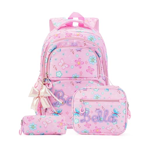 MT WORLD 16” H Backpack with Lunch Pack Pencil Case 3pcs - Personalized Pink Flower Butterfly Printed Backpack Set with Name - Custom Embroidered Name Pink Backpacks with Lunch Bag for Travel Camping