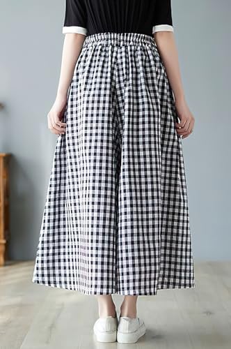chouyatou Women's Summer Casual Cotton Linen Pants Culottes Plaid Gingham Wide Leg Capri Palazzo Pants2
