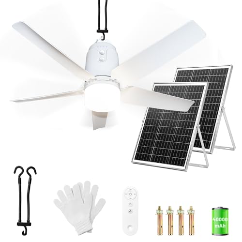 80CM Solar Deckenventilator mit Beleuchtung für Outdoor 60W Solarpanel und 40000mAh Akku Groß Mobiler Ventilator mit Licht Fernbedienung & Haken für Camping Pavillon Terrasse Zelt Hühnerstall