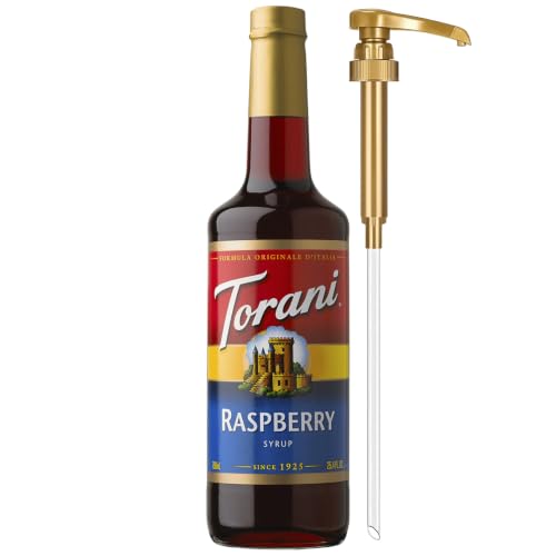 Image of Torani Red Raspberry Syrup for Drinks, Flavoring for Iced Tea, Sodas, Cocktails, and Milk Shakes, Glass Bottle with Pump Included, 25.4 Fl Oz