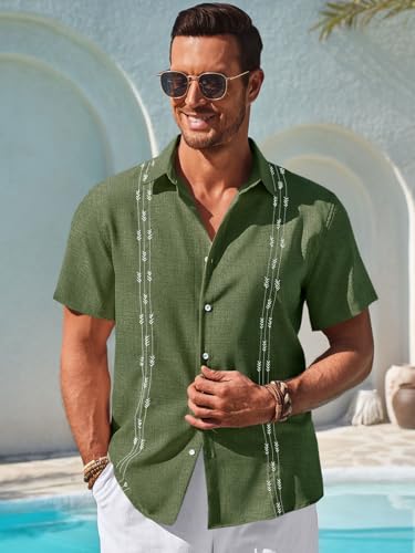 Runcati Mens Short Sleeve Guayabera Shirts Button Down Cuban Casual Mexican Shirts Summer Beach Wedding Linen Tops3
