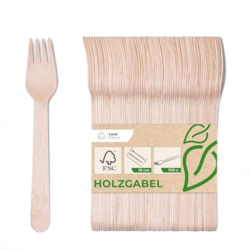 Love Nature Einwegbesteck Holzgabeln 100 Stück - Holzbesteck Einweg - Party Besteck Einweg aus Birkenholz - Einweggabeln Umweltfreundlich