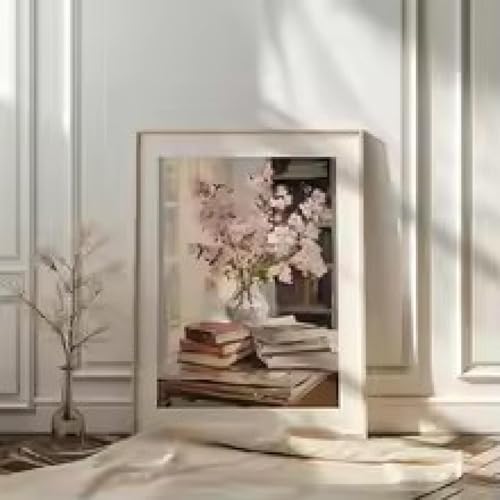Peinture de livre rétro bleu rose sur toile 80x120 cm avec cadre