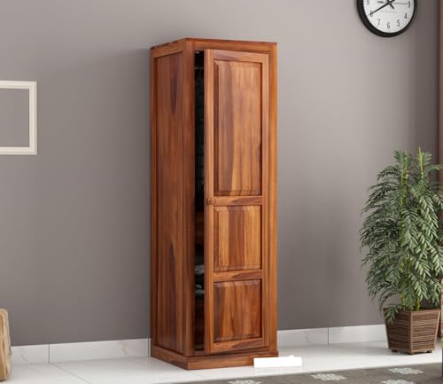 Image of Sheesham Wood Wooden Single Door Wardrobe Organizer for Clothes | - Solid Wood Almirah with 2 Drawers, 2 Shelves with Hanging Space - Cupboard for Large Bedroom, Natural Finish