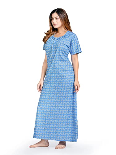 Image of PNAEONG Women's Printed Cotton Nighty, Gown Maxi - Free Size Blue