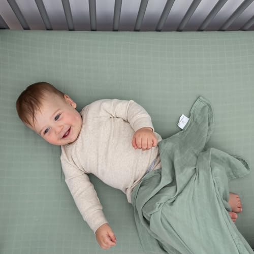 Image of Organic Muslin Fitted Crib Sheet - Organic Crib Sheet for Standard Crib and Toddler Mattresses, Soft and Breathable, Solid Sage Green, Boho Baby, 28 inchx52 inch