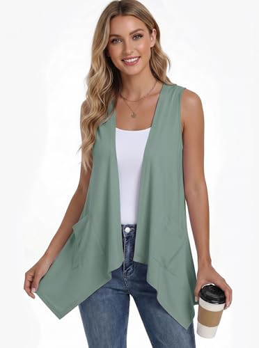 PrinStory Vest for Women Summer Lightweight Sleeveless Cardigans Casual Open Front Irregular Hem Vest with Pockets Haze Blue 3XL — view 2