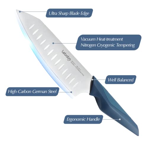 Lebabo Santoku Knife, 7 Inch Japanese Knife German Steel Kitchen Knives For Kitchen, Professional Santoku Chef Knives For Meat Vegetable Fruit With Ergonomic Handle, Ultra Sharp, Blue #TOP1