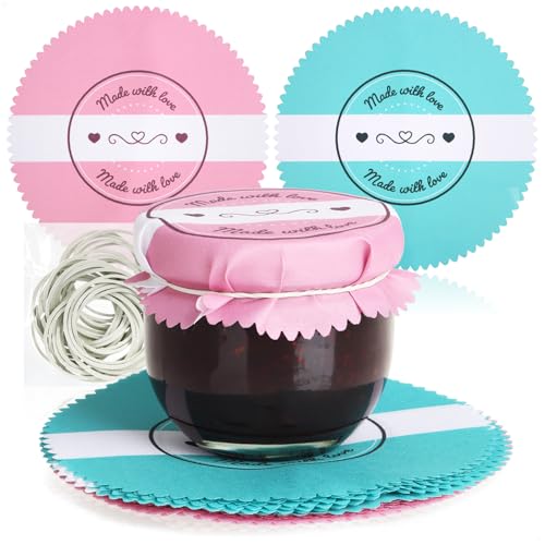 COM-FOUR® 30x centrini decorativi per barattoli di conserva - centrini per marmellata con elastici - decorazione per barattoli di conserva - centrini (30 pezzi - rosa/turchese)