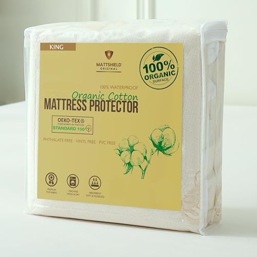 Waterproof Organic Mattress Protector King Size Premium Soft Organic Cotton Surface Mattress Cover Noiseless & Breathable 250 GSM Mattress Pad Deep Pocket Fitted Design