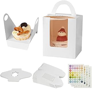 WENRERO 30 PCS Single Cupcake Boxes Containers 1 Hole Cake Box Muffin Boxes Individual Paper Bakery Boxes White Fairy Cake Carrier with Clear Display Window, Handle, Insert, 4 Stickers for Party Favor