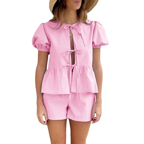 Image of Thopavenoir Women 2 Piece Casual Lounge Sets Y2k Puff Sleeve Peplum Shirt Tie Front Tee Shirt Shorts 2pcs Pajamas Sets