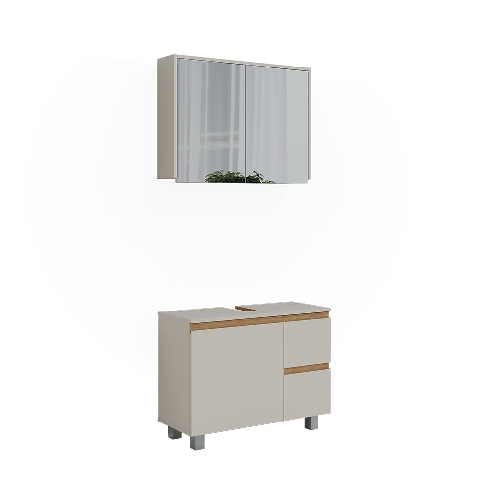 Vicco Set di mobili da bagno J-Shape, Cashmere/Artigianale, 80 cm | composto da specchio da bagno e mobile sottolavabo